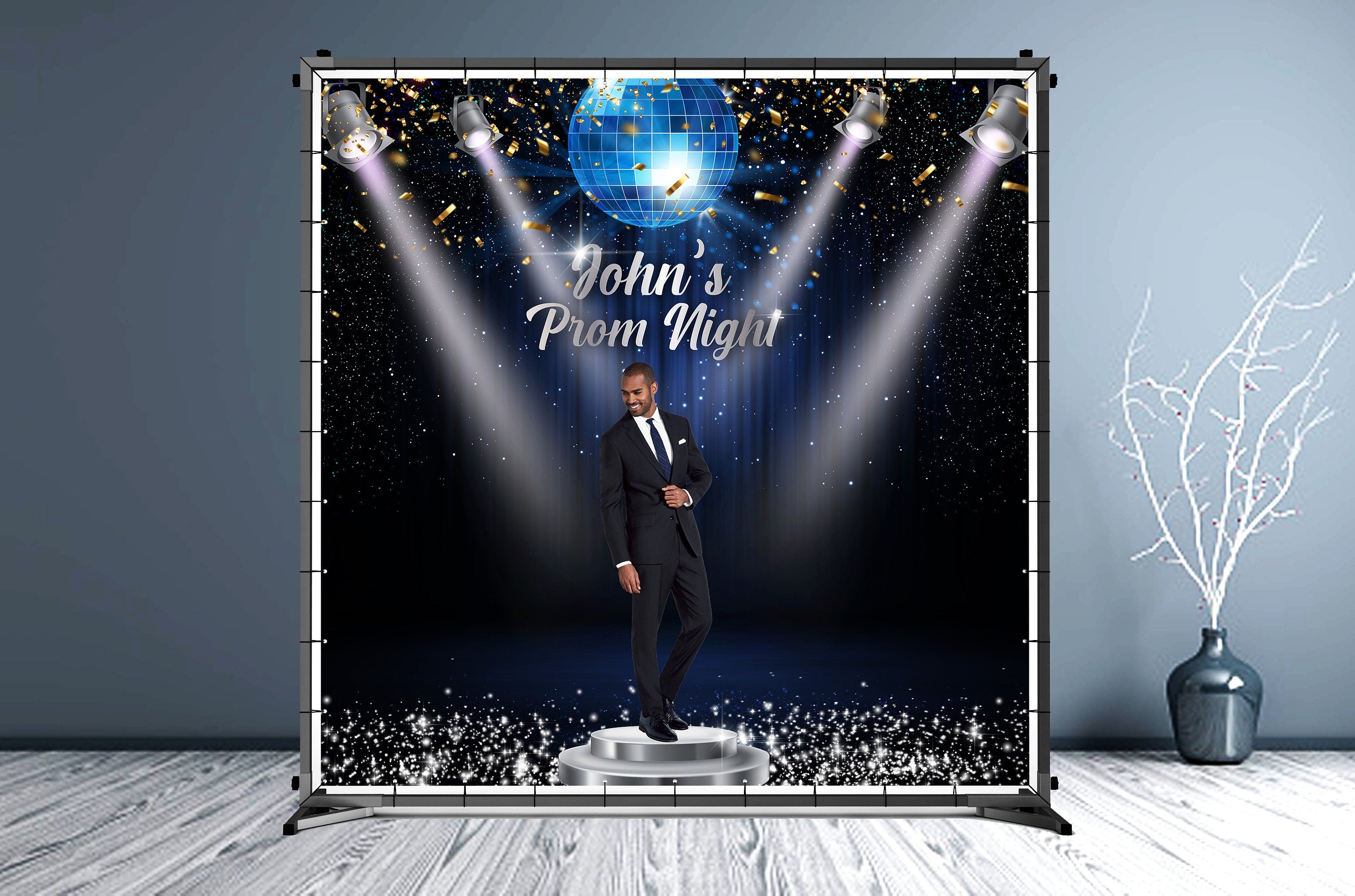 Prom Custom Vinyl Backdrop for Men Black and Blue - Hue Design Group