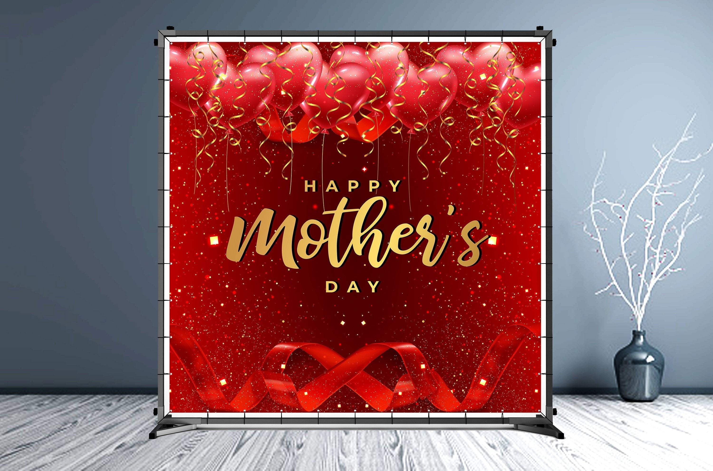 Mother's Day Custom Vinyl Backdrop Red Ballons - Hue Design Group