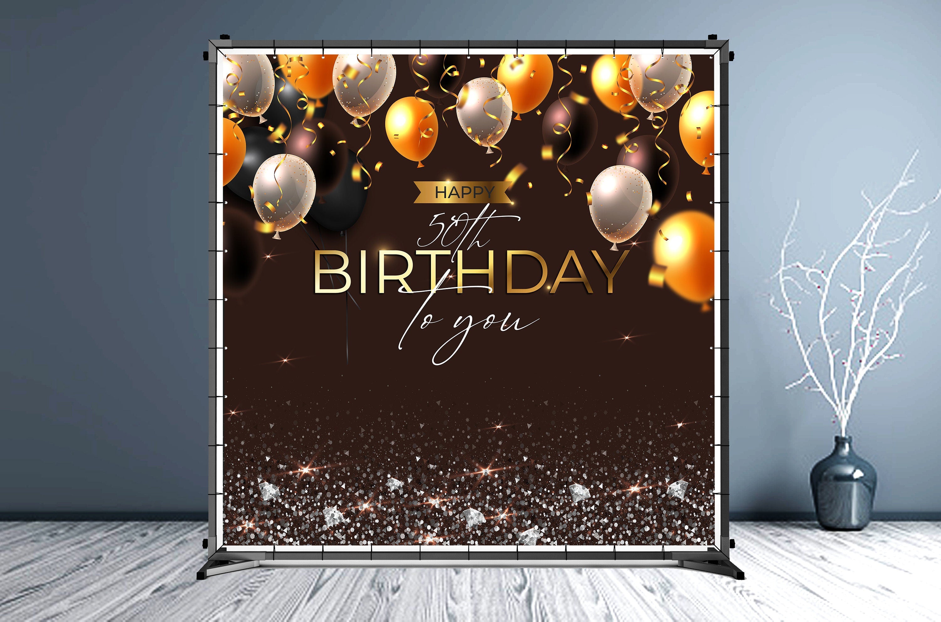 50th Birthday Custom Vinyl Backdrop Brown and Gold - Hue Design Group