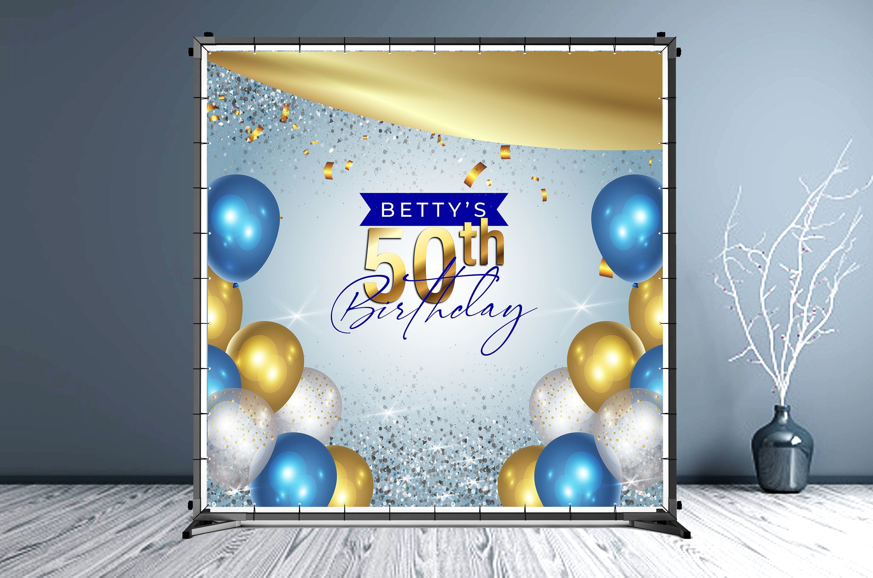 50th Birthday Custom Vinyl Backdrop with Ballons - Hue Design Group