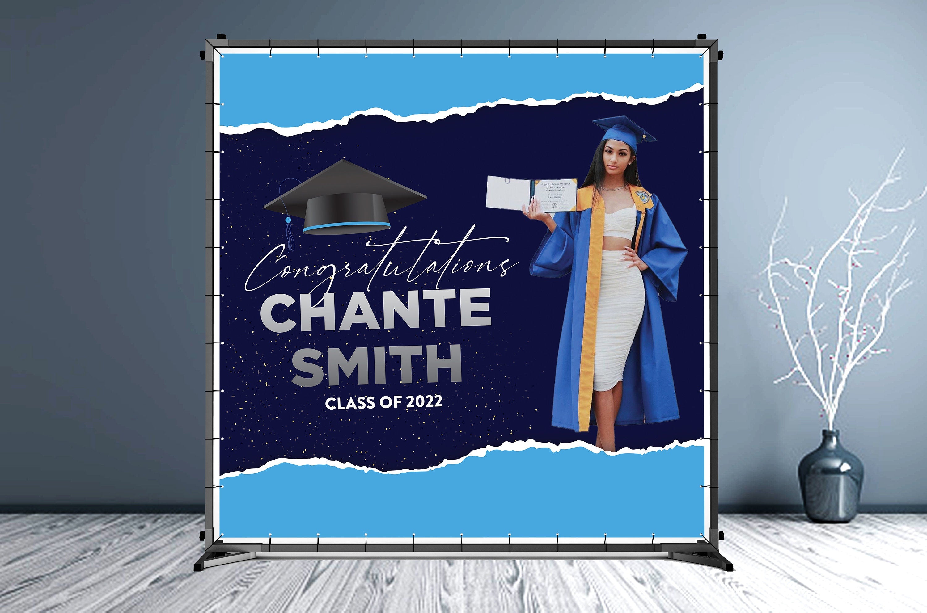 Graduation Custom Vinyl Backdrop Blue - Hue Design Group