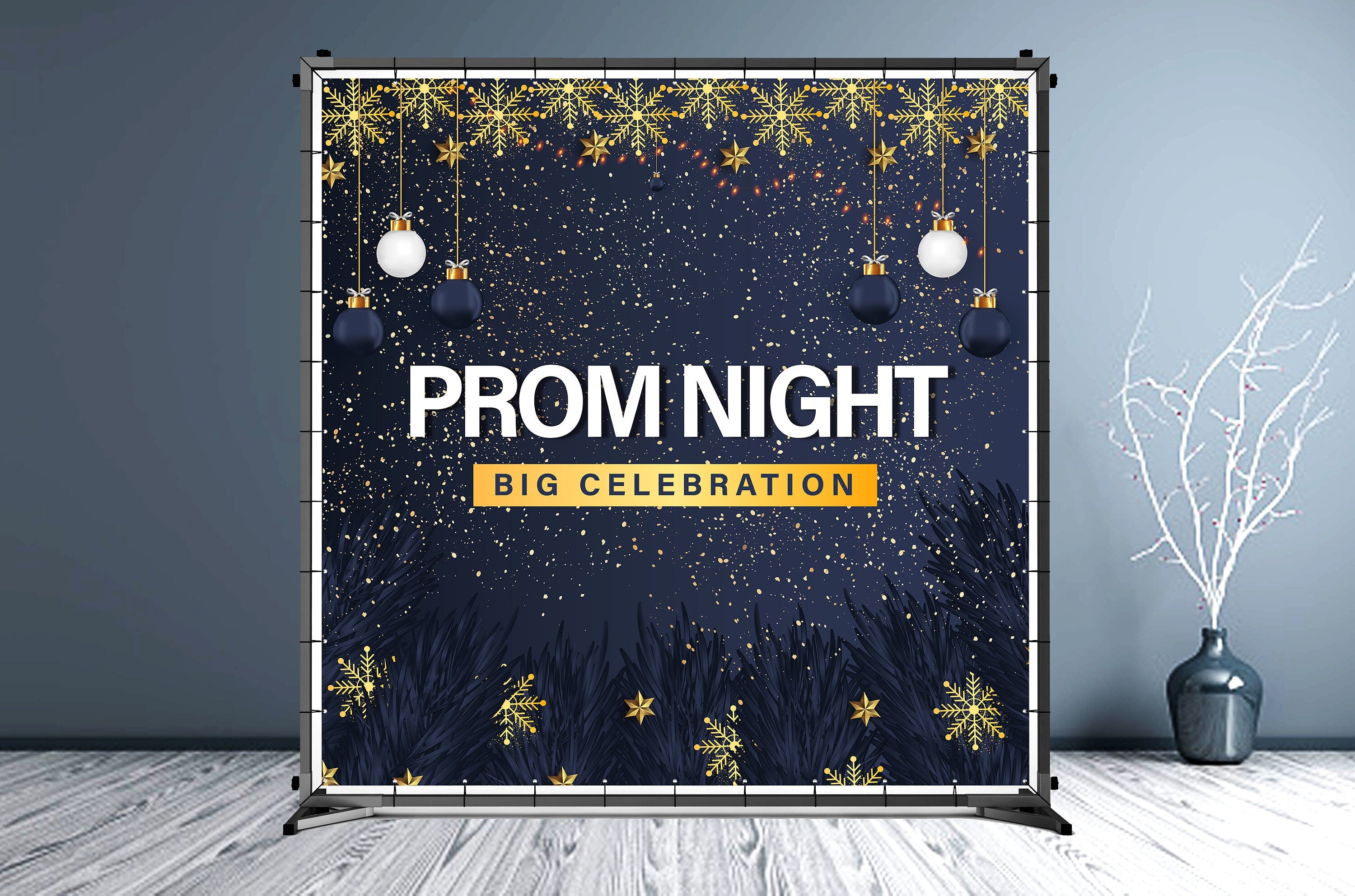 Prom Custom Vinyl Backdrop Blue and Gold - Hue Design Group