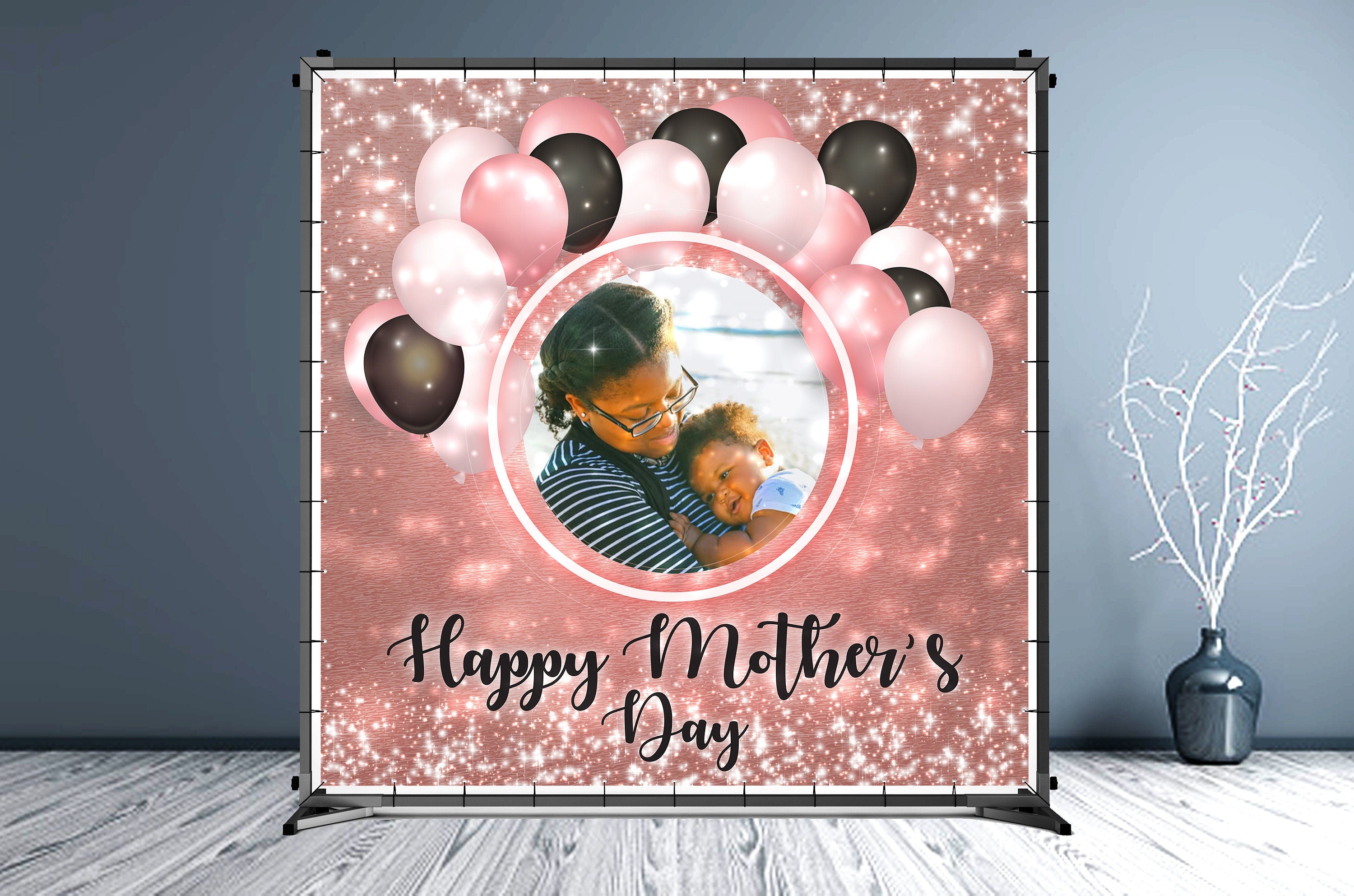 Mother's Day Custom Vinyl Backdrop Pink Ballons - Hue Design Group
