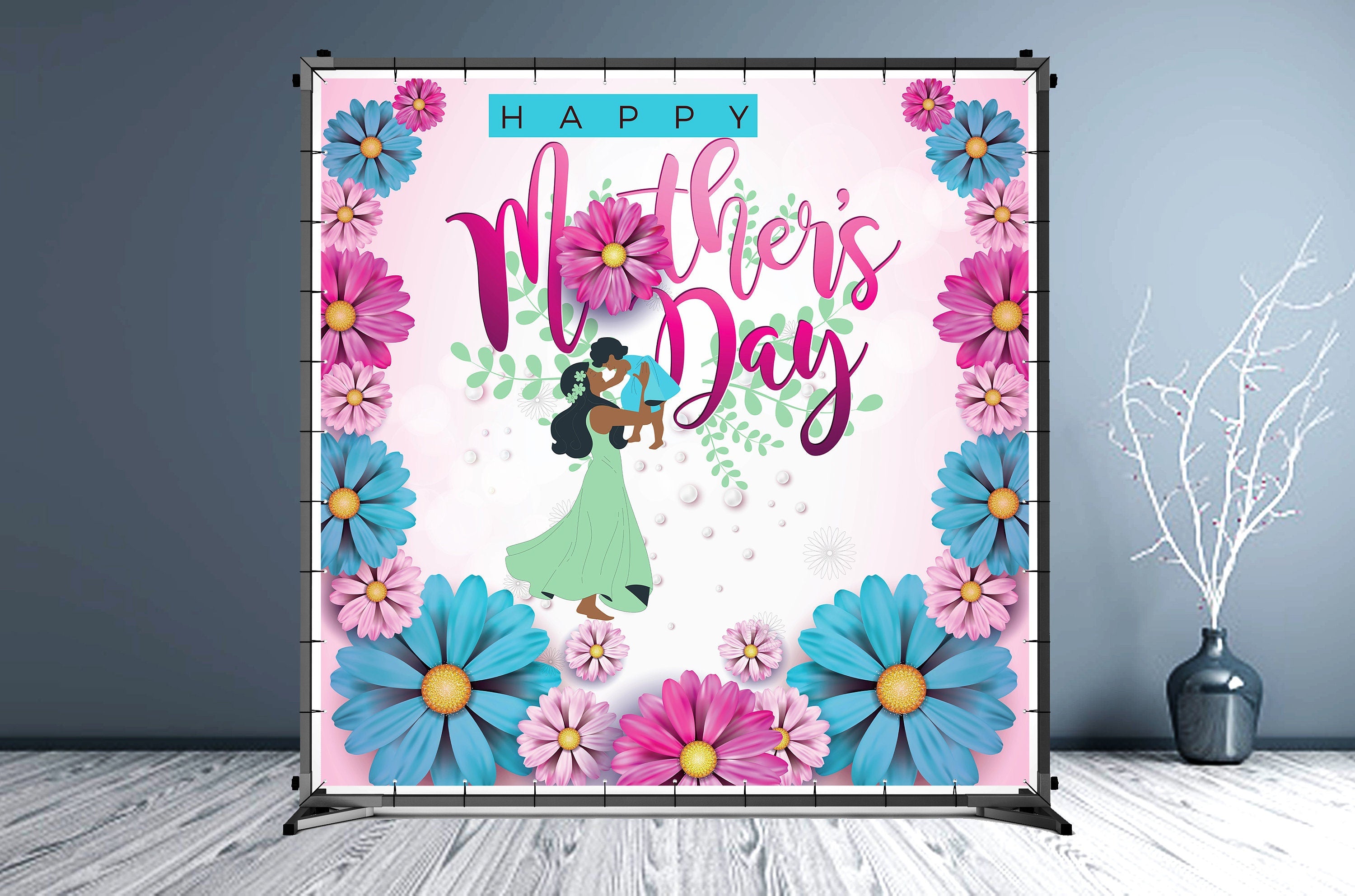 Mother's Day Custom Vinyl Backdrop Pink and Blue Flowers - Hue Design Group