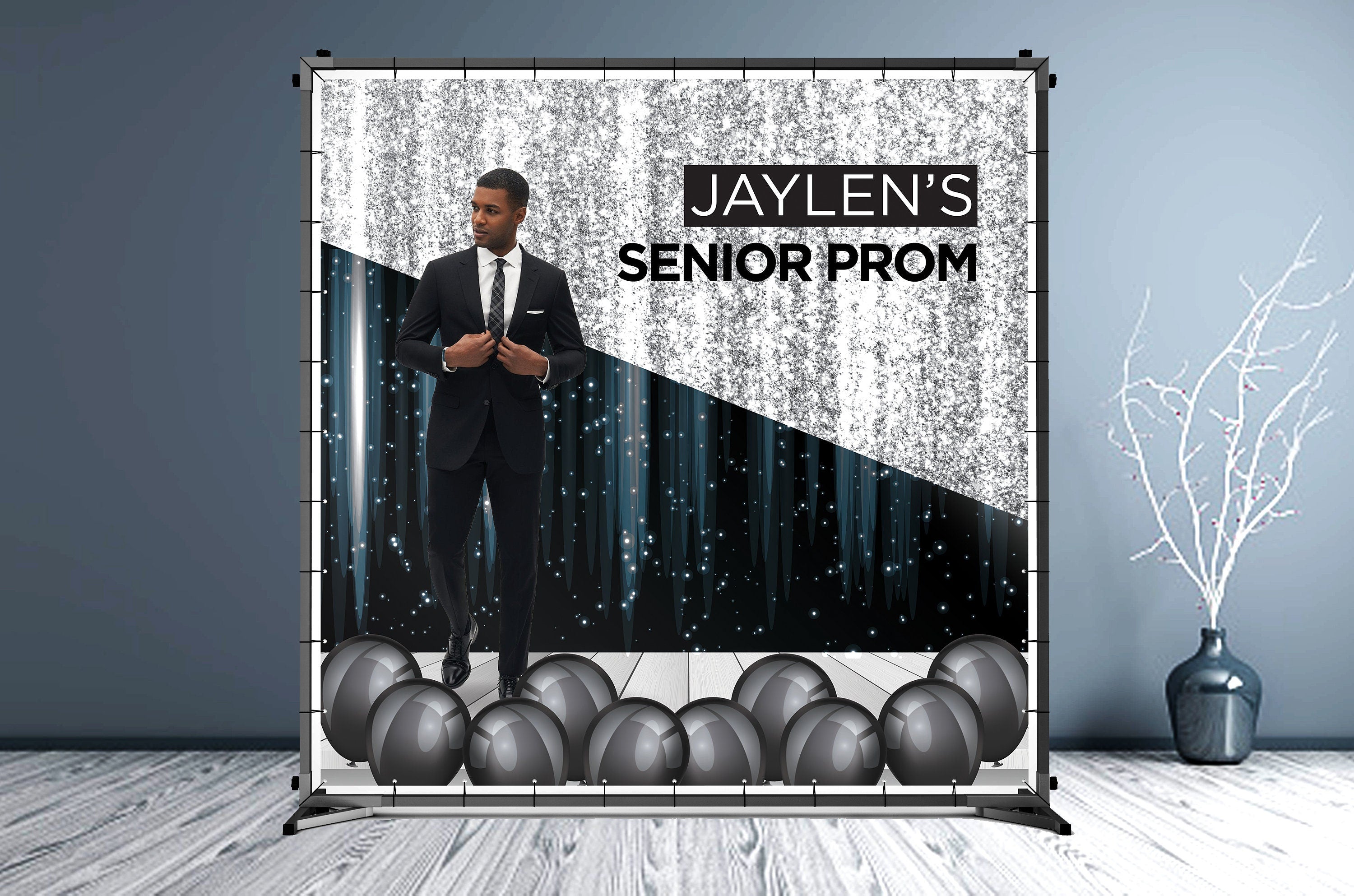 Prom Custom Vinyl Backdrop Silver and Dark Blue - Hue Design Group
