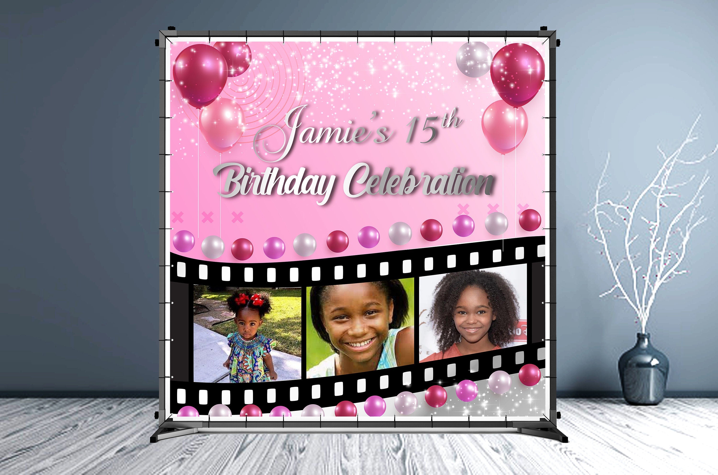 Happy Birthday Custom Vinyl Backdrop with Film Roll Theme - Hue Design Group