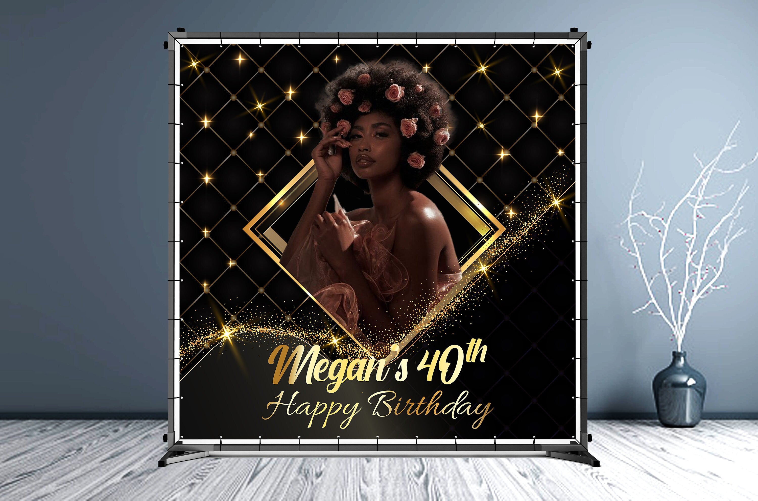 Happy Birthday Custom Vinyl Backdrop with Black and Gold Background - Hue Design Group