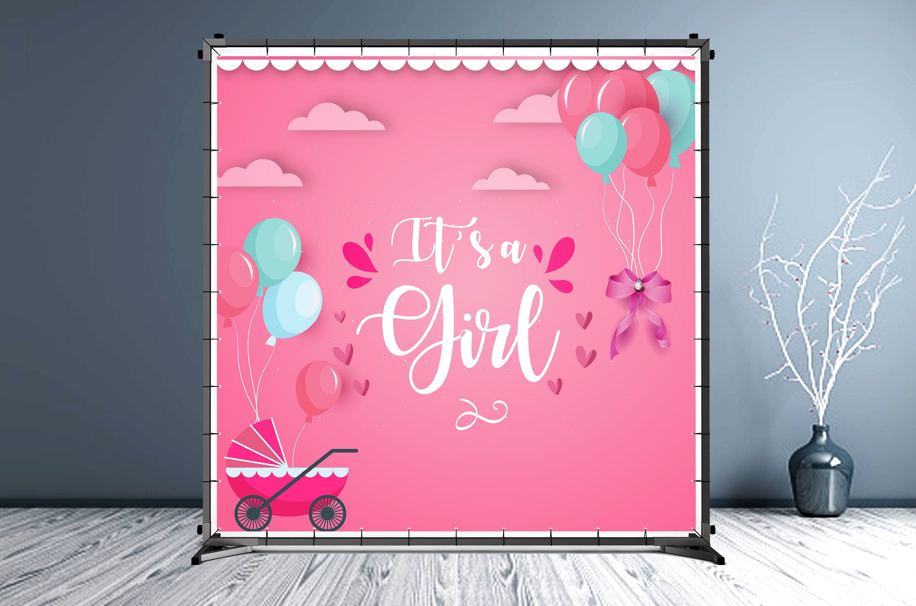 Girl Baby Shower Backdrop, Custom Banner, Hot Pink Birthday Party Event Backdrop with Photo, Birthday Vinyl Booth Background - Hue Design Group