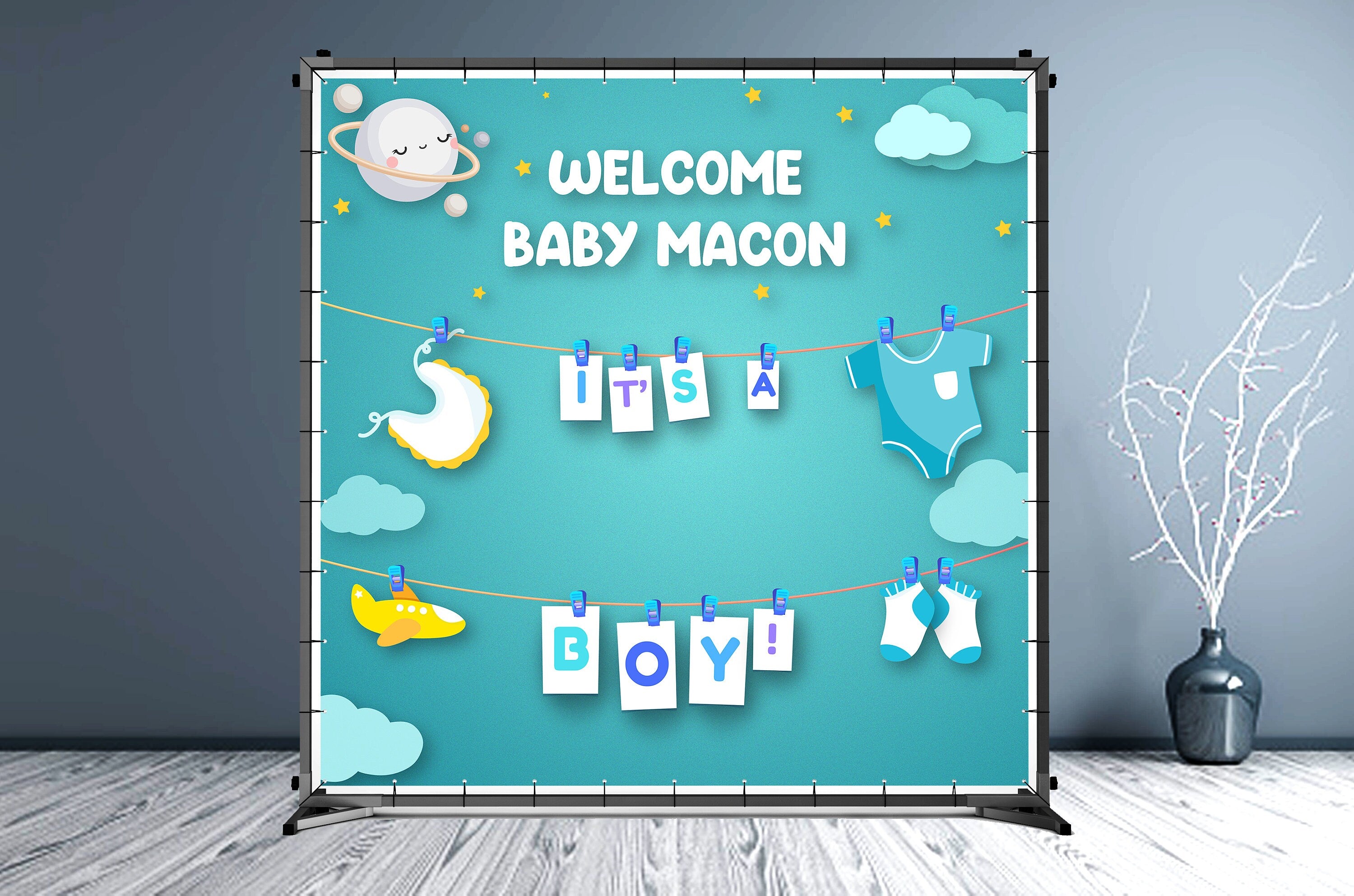 Boy Baby Shower Custom Vinyl Backdrop - Hue Design Group