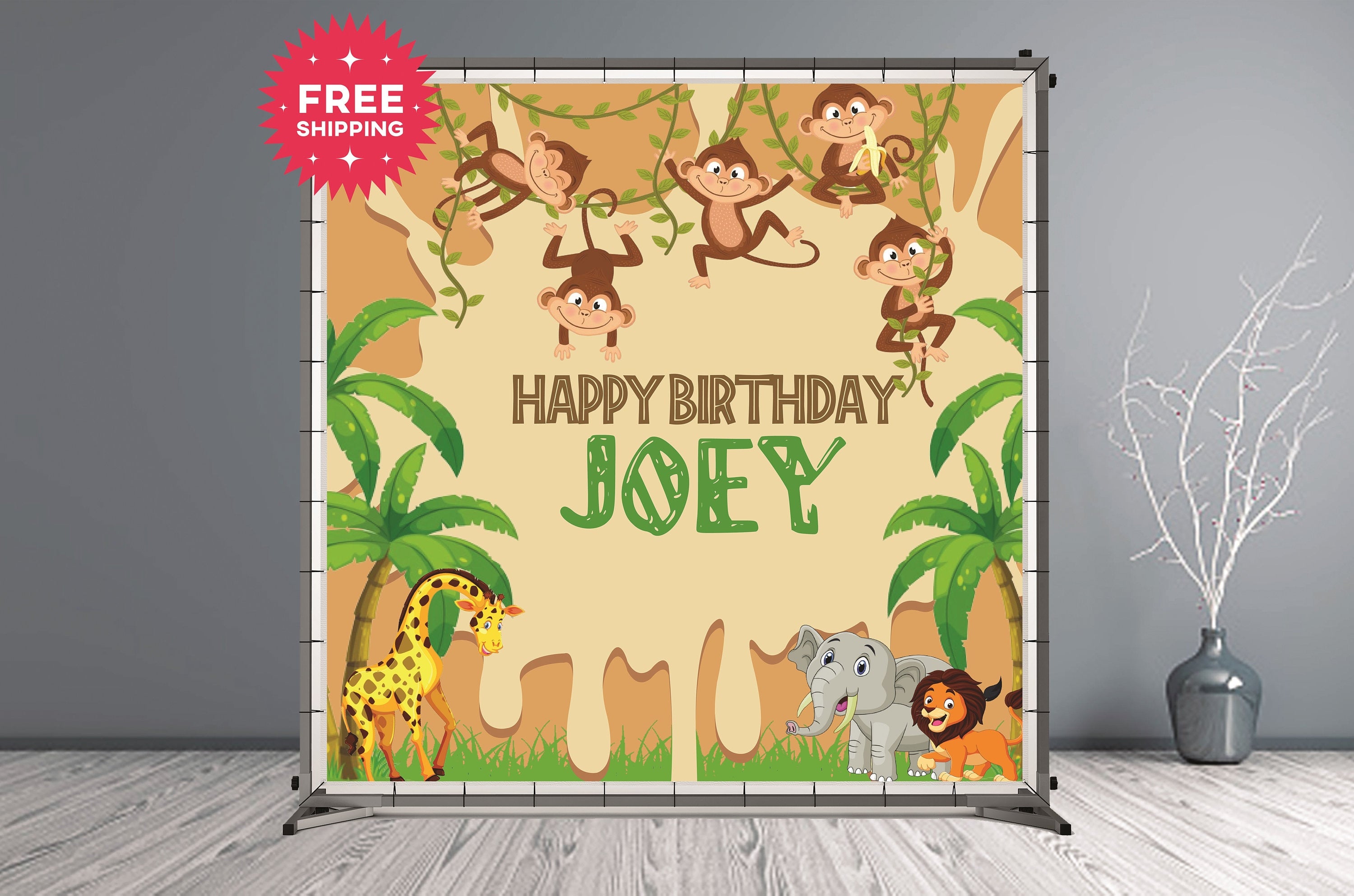 Kids Birthday Custom Vinyl Backdrop Jungle Theme - Hue Design Group