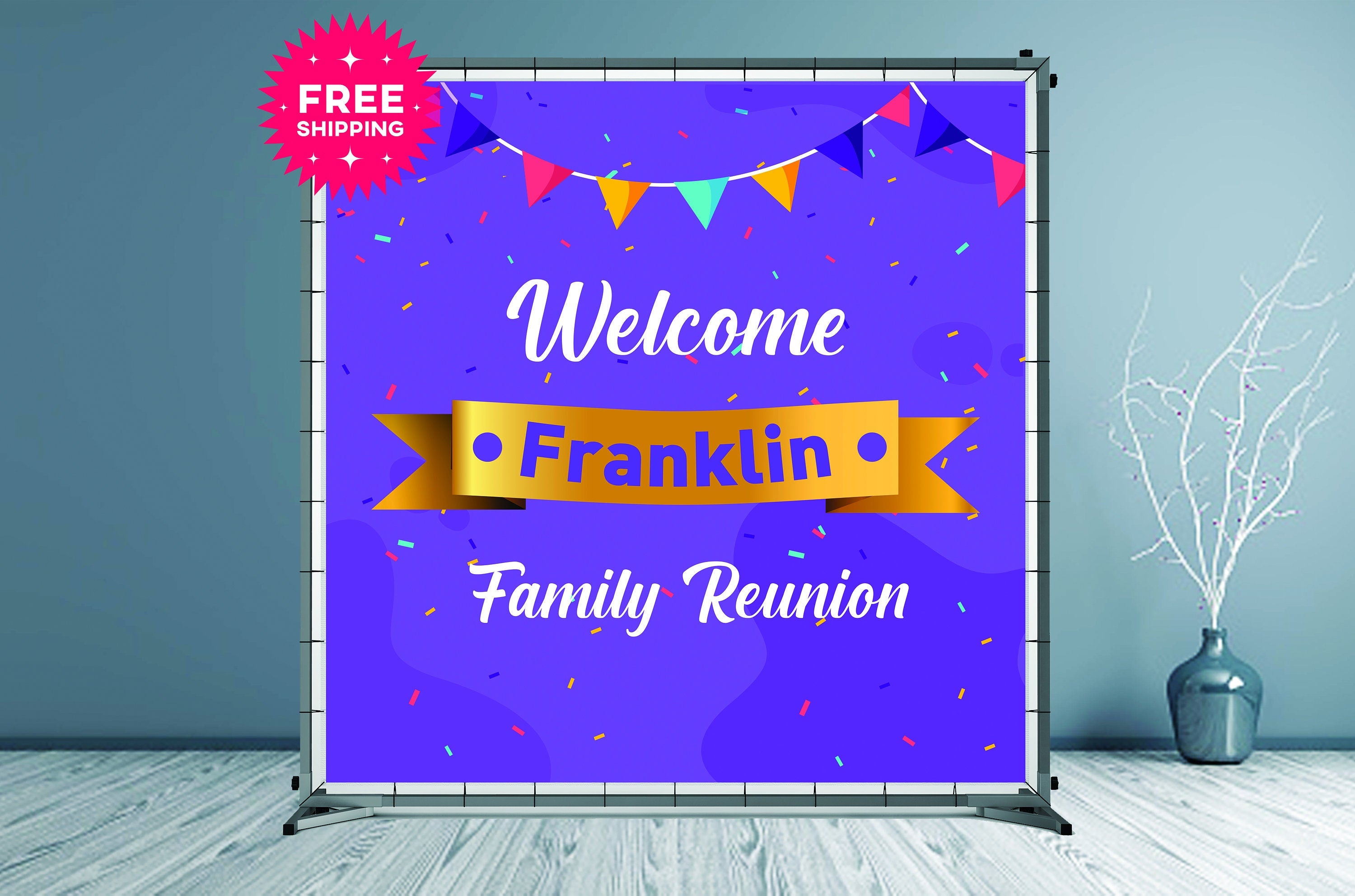 Family Reunion Custom Vinyl Backdrop with Purple Confetti - Hue Design Group