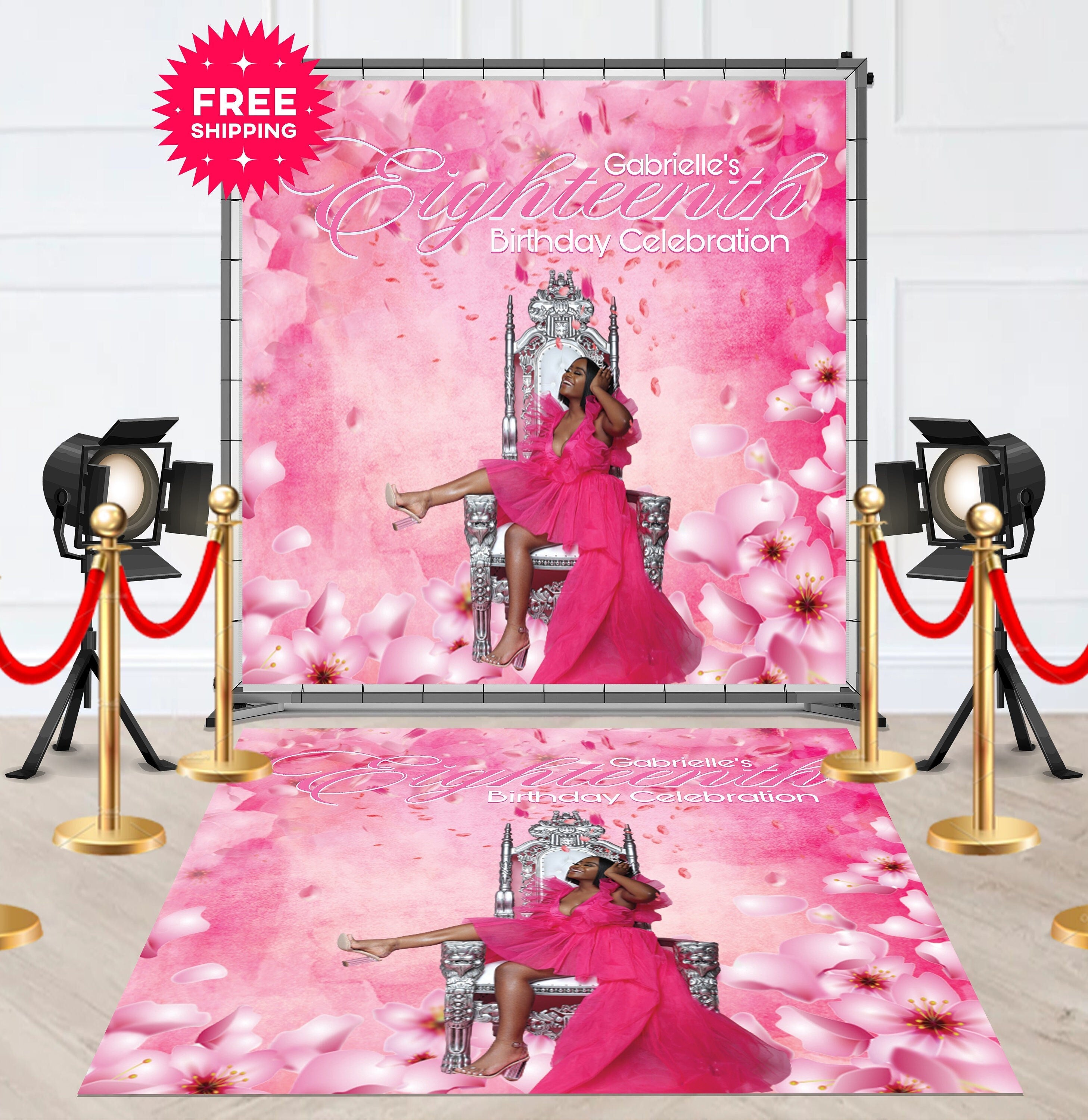 Removable Floor Decal Runner with Hot Pink Flowers and Queen Chair - Hue Design Group