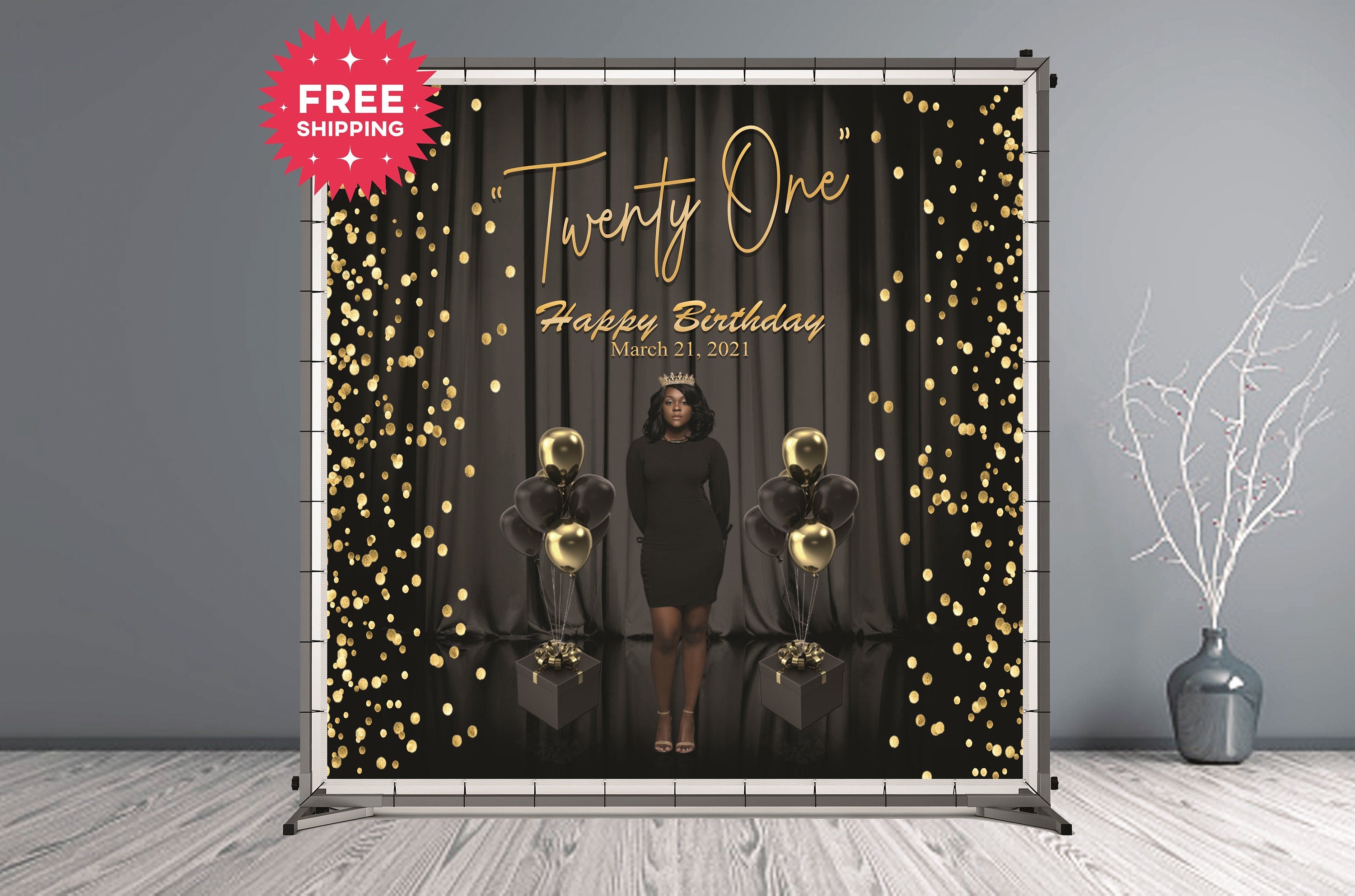 21st Birthday Custom Vinyl Backdrop Ballons and Gold Confetti - Hue Design Group