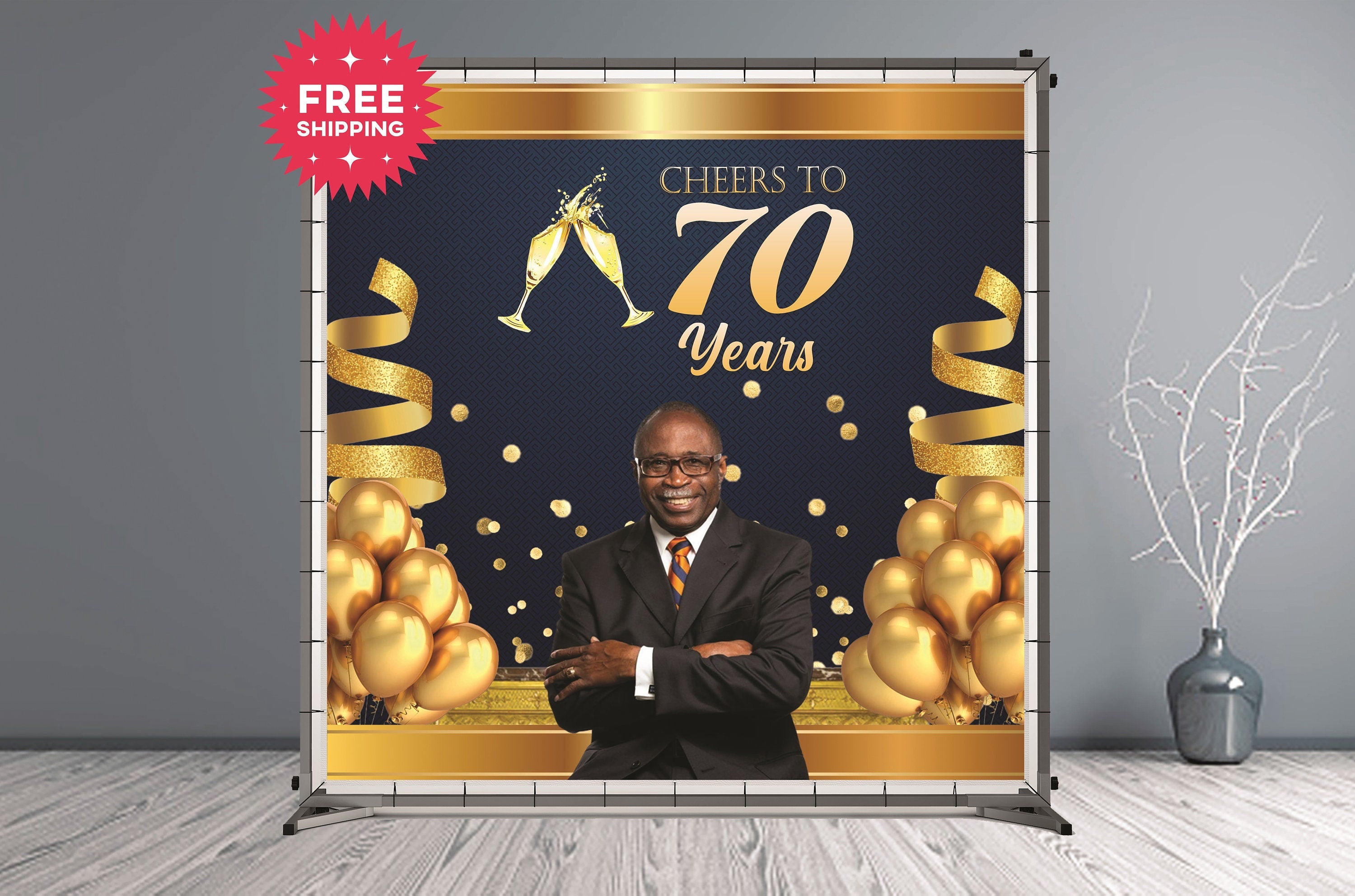 70th Birthday Custom Vinyl Backdrop Gold Ballons and Champagne Glass - Hue Design Group