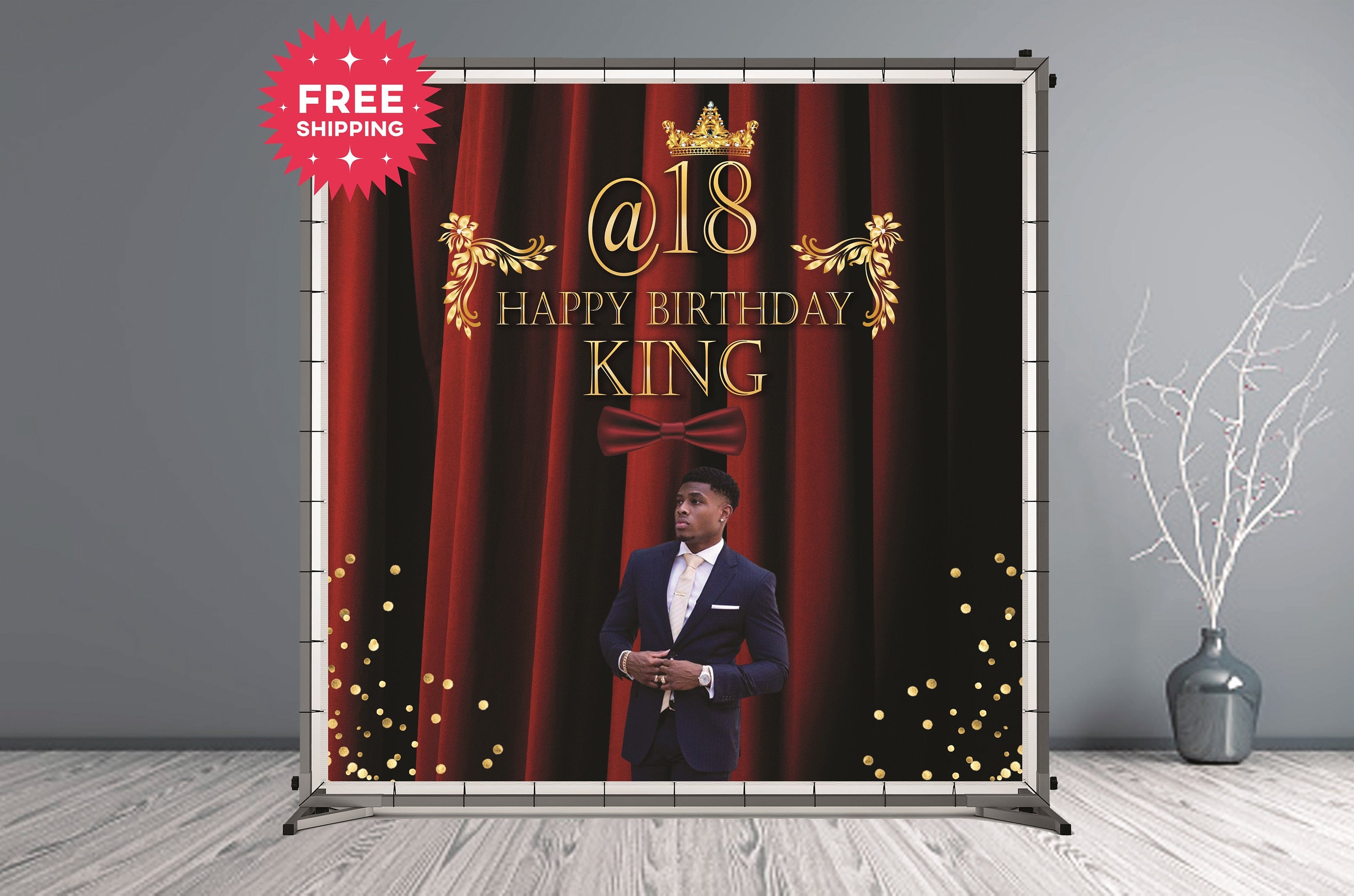 Men's Birthday Custom Vinyl Backdrop Gold Lettering Red Curtains - Hue Design Group