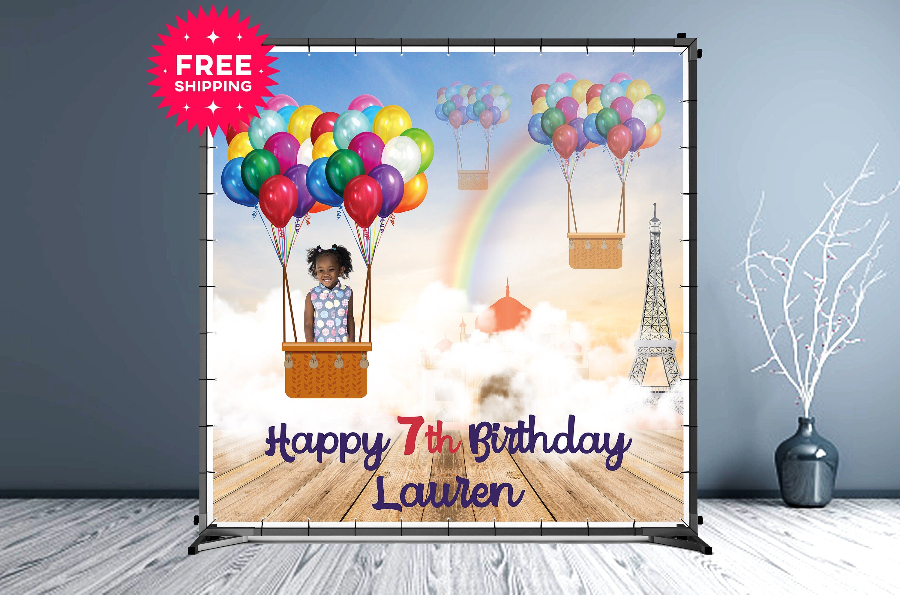 Kid Birthday Custom Vinyl Backdrop with Clouds - Hue Design Group