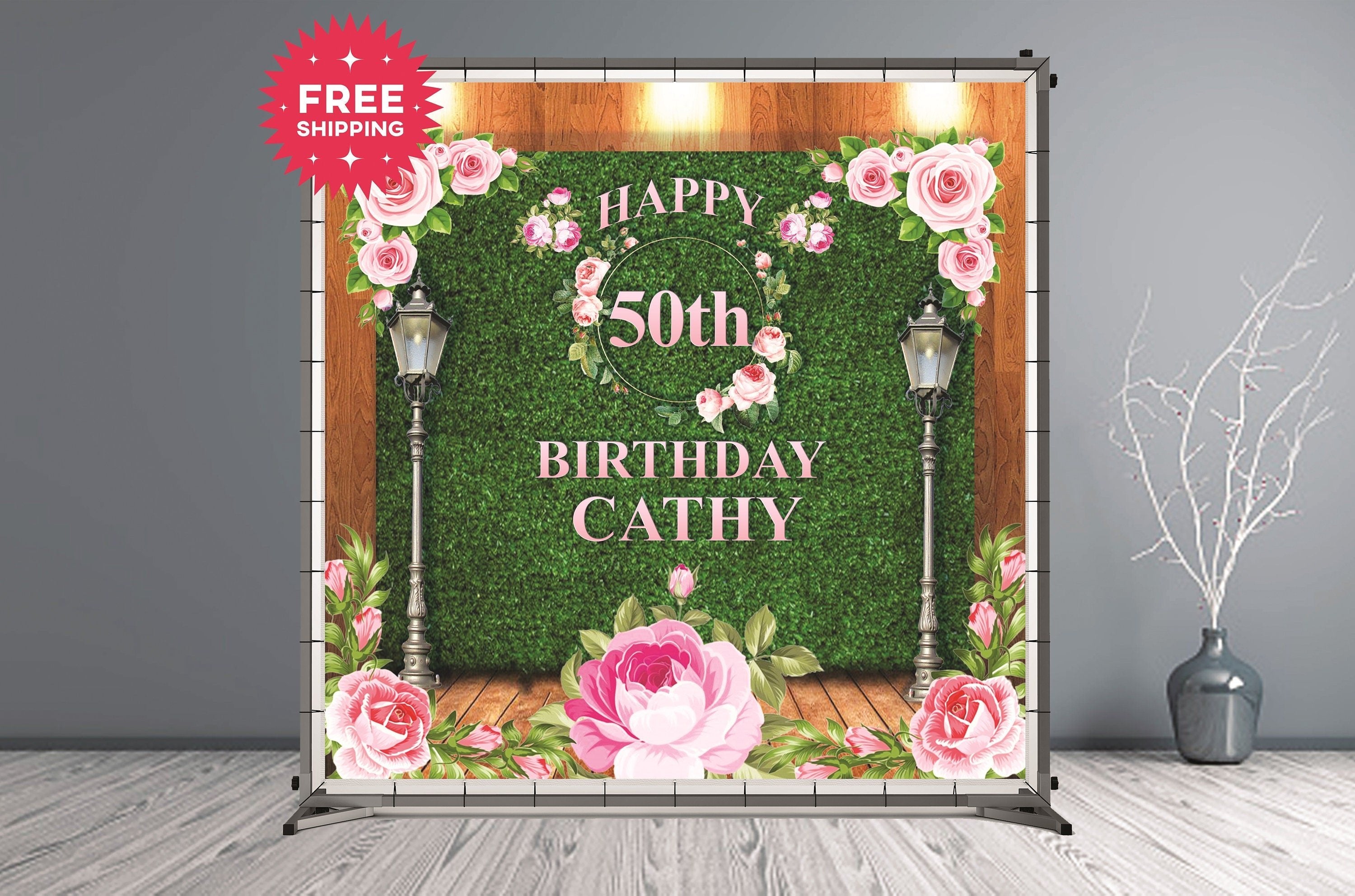 Birthday Custom Vinyl Backdrop Leaf Wall and Pink Flowers - Hue Design Group