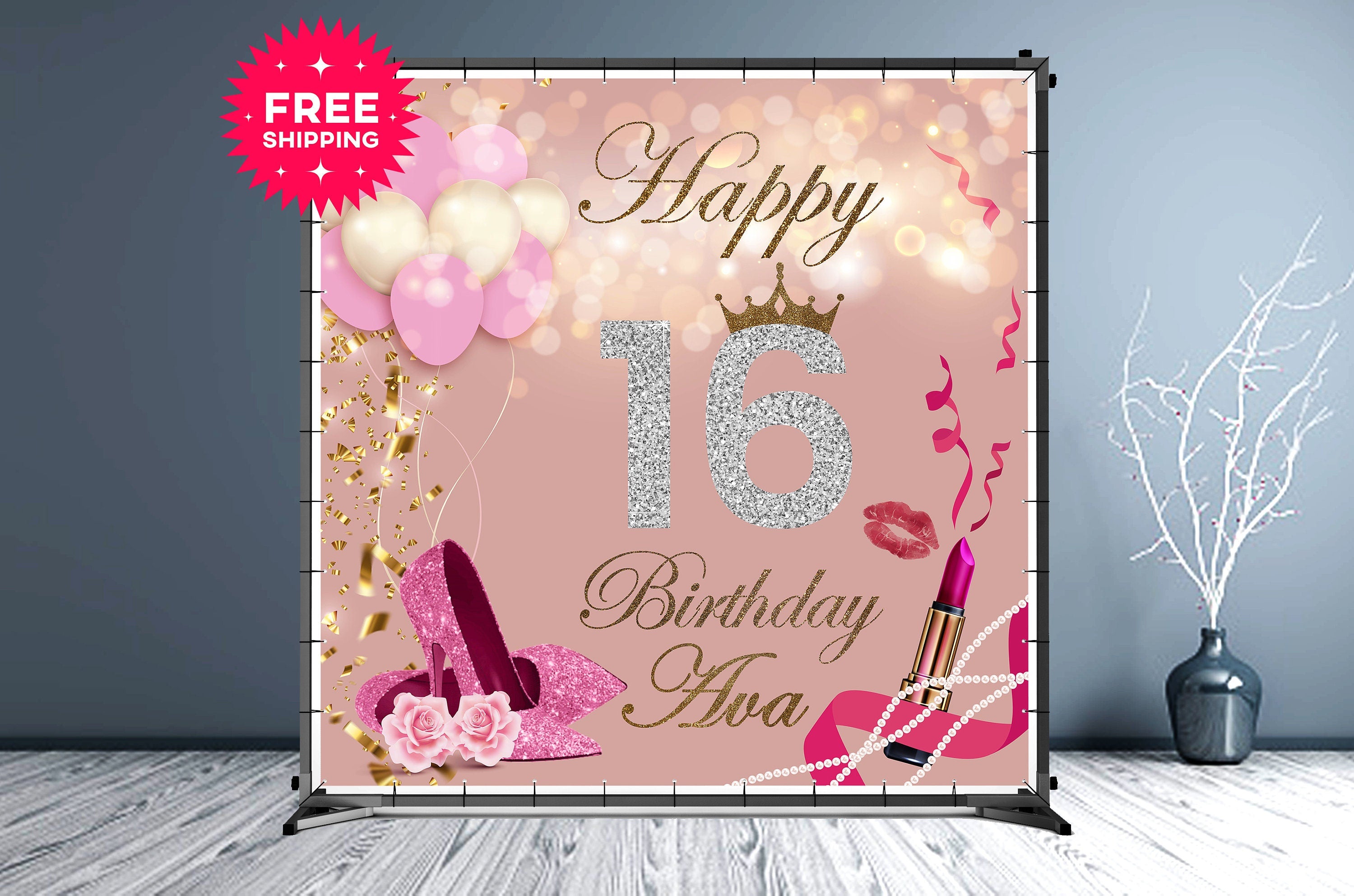 Sweet 16 Birthday Custom Vinyl Backdrop Gold Glitter - Hue Design Group