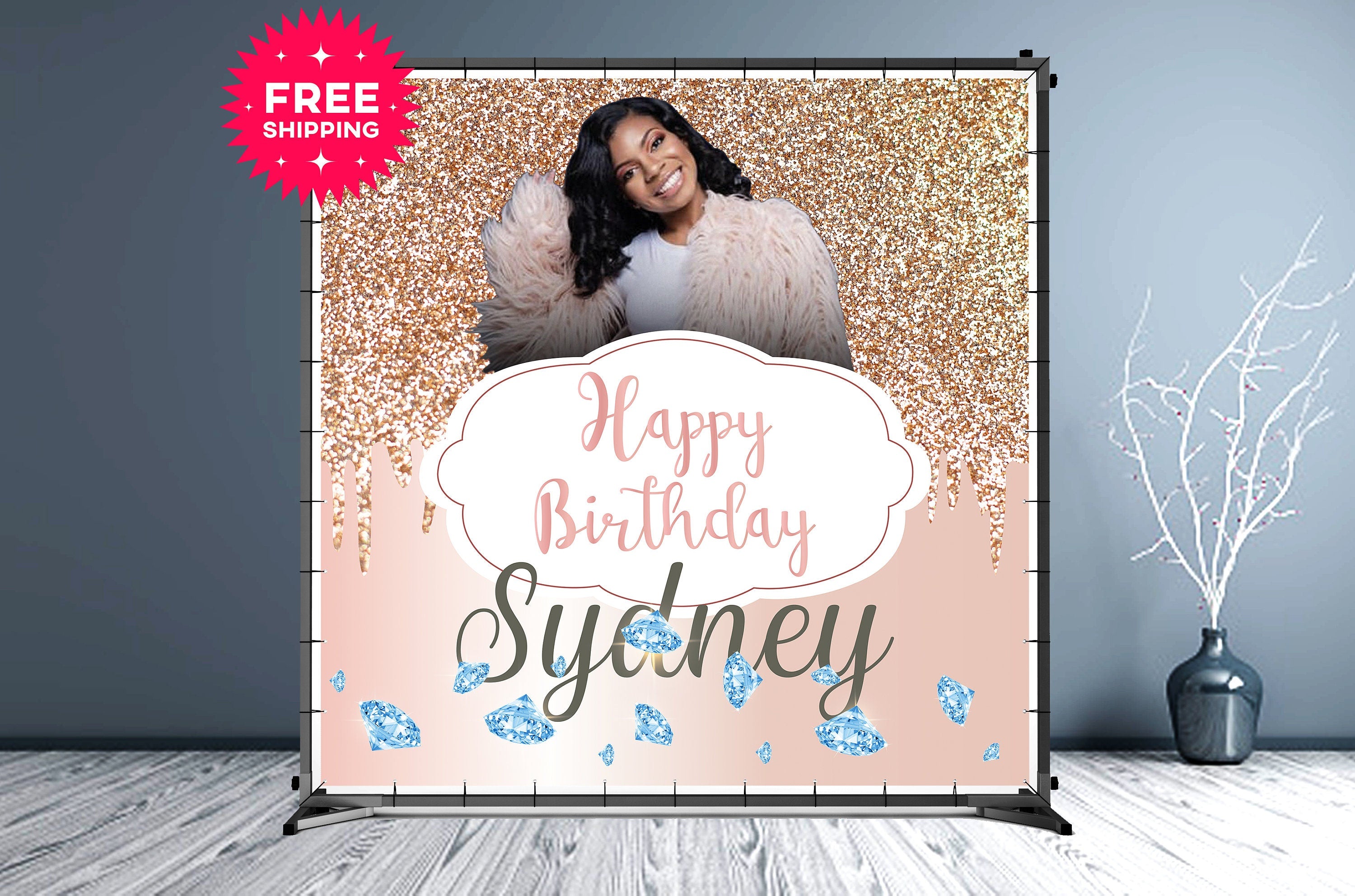 Birthday Custom Vinyl Backdrop with Diamonds and Gold Glitter - Hue Design Group