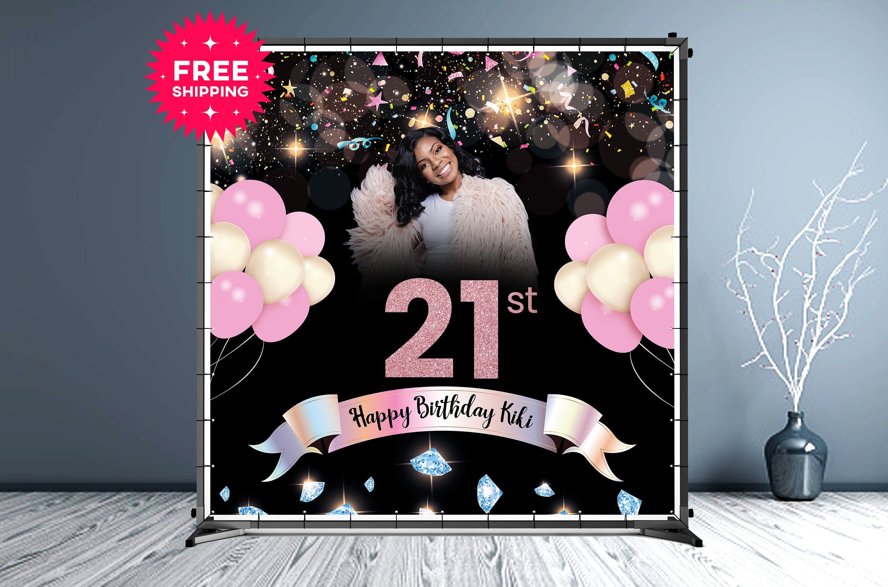 21st Birthday Custom Vinyl Backdrop Diamonds Confetti and Ballons - Hue Design Group